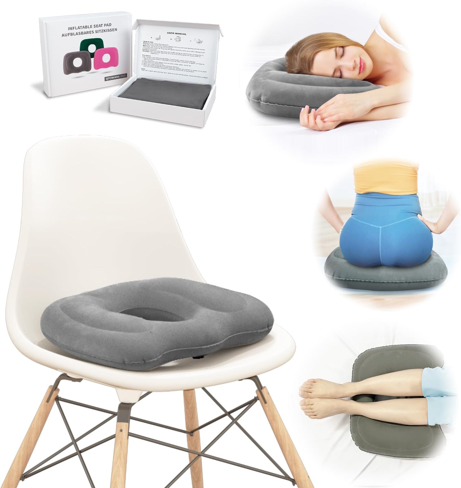 Inflatable Lift Donut Pillow - Hemorrhoid Pillow for Tailbone Back Pain Bed Sore - Coccyx Cushion for Sciatica, Postoperative - Portable Travel Pillow for Wheelchairs, Office Chair(Gray