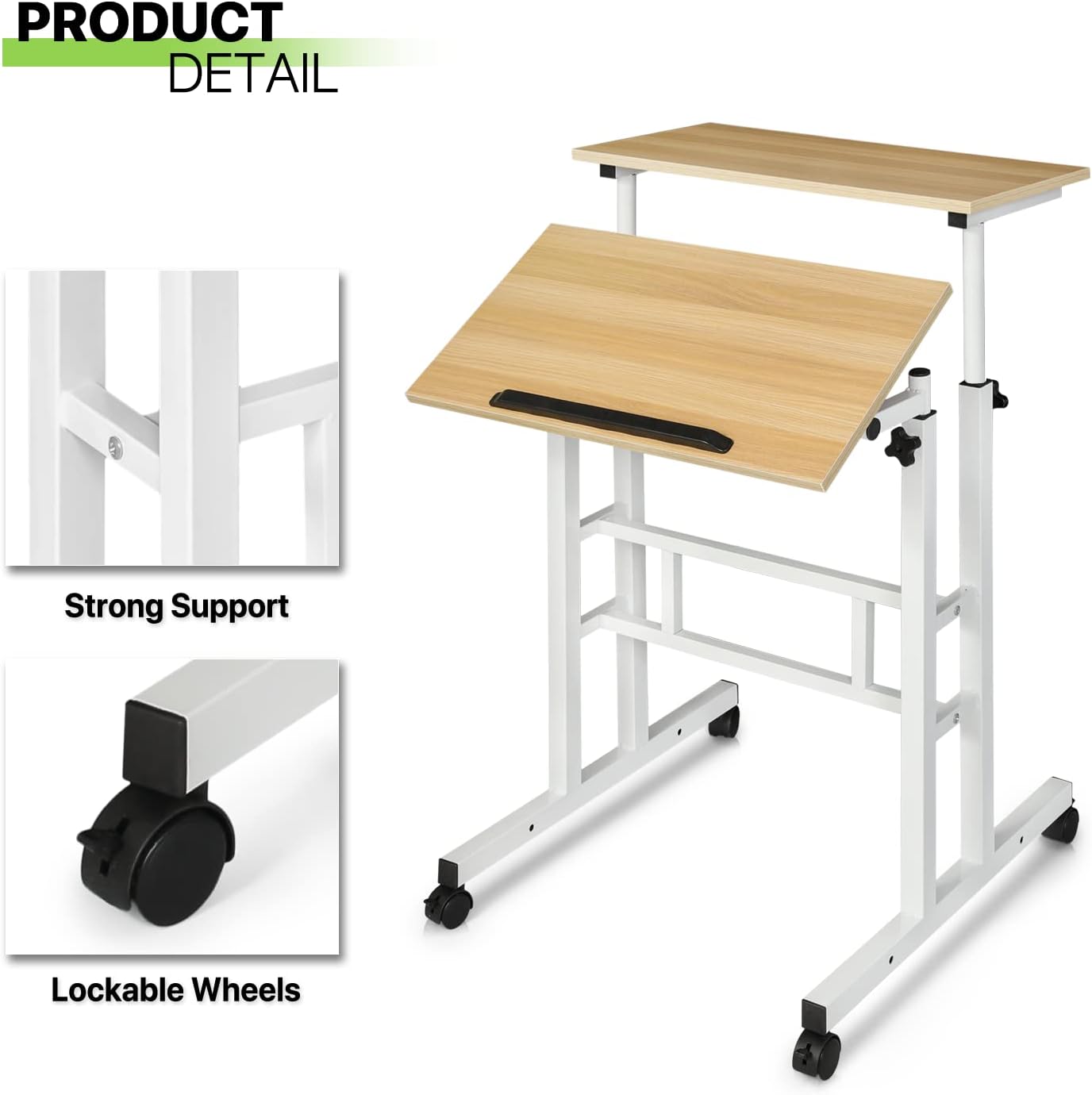 Magshion Rolling Standing Desk with Wheels, Height Adjustable Laptop Desk for Walking Pad, Mobile Workstation with Tilt Top, 28" to 46" Height Range for Home Office & Small Spaces, Natural