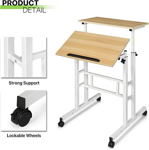 Miniatura 8 de Magshion Escritorio de pie con 2 plataformas de altura ajustable para computadora mesa natural con ruedas para espacios pequeños