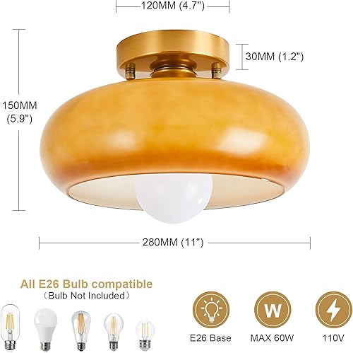 Miniatura 2 de Yunnix Lámpara de techo semiempotrada moderna de mediados de siglo, cristal, marrón, 11.02 pulgadas, perfecta para dormitorio, cocina, sala de estar
