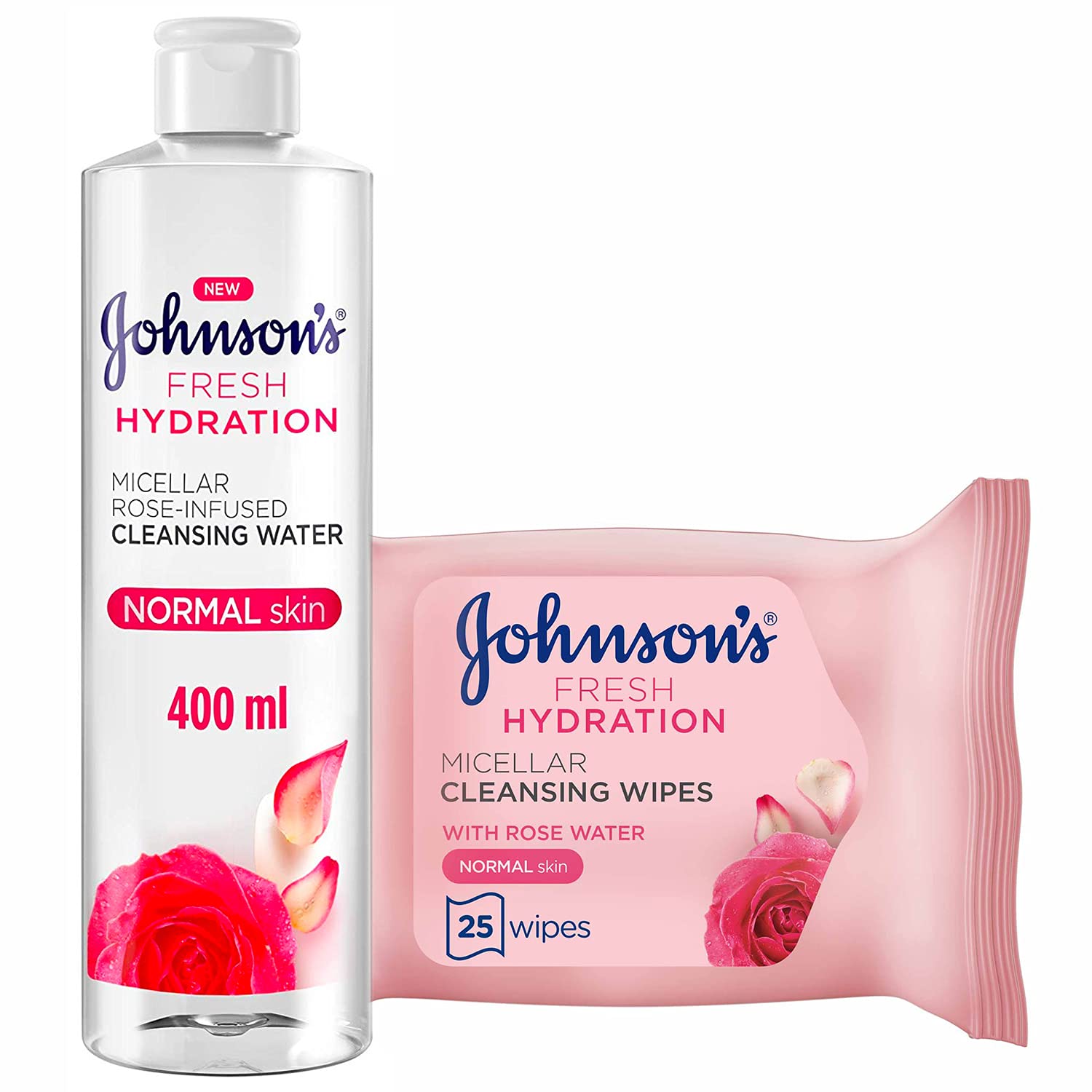 Johnson’s Fresh Hydration Micellar Cleansing Wipes, 25 Wipes, and Micellar Cleansing Water, 400ml, with Rose Water, for Normal Skin Types, Gentle and Effective, Refreshing Hydration