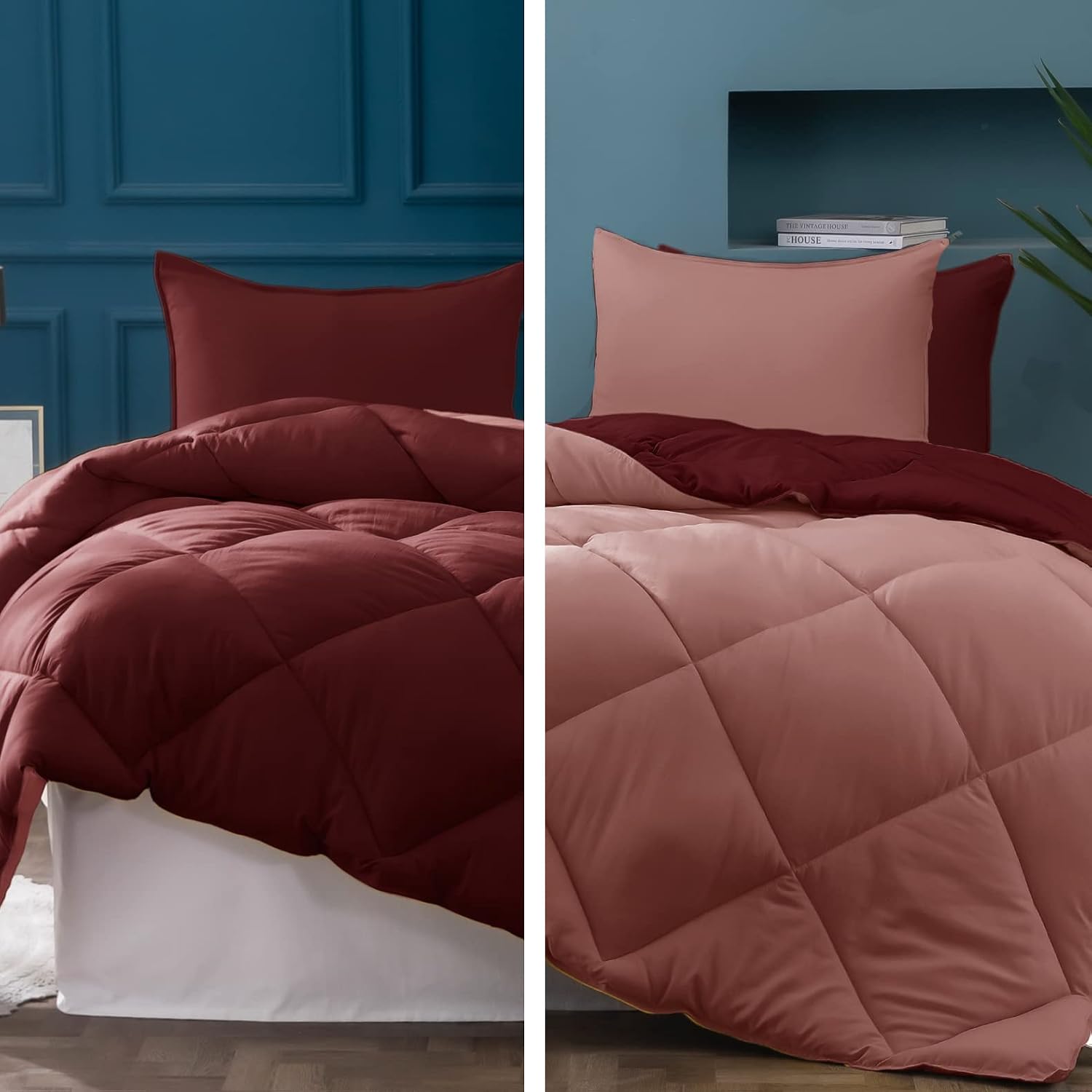 KASENTEX Reversible Comforter Set - 2 Solid Color Plush Down Alternative Fluffy, Ultra Soft, Machine Washable Bedding Duvet Insert, Extra Warm King, Red/Pink