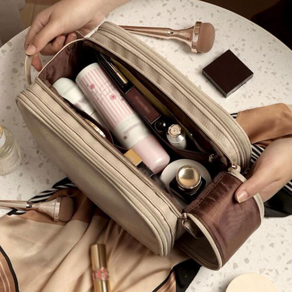Grote capaciteit dubbele rits toilettas lederen reis make-up tas draagbare opbergtas