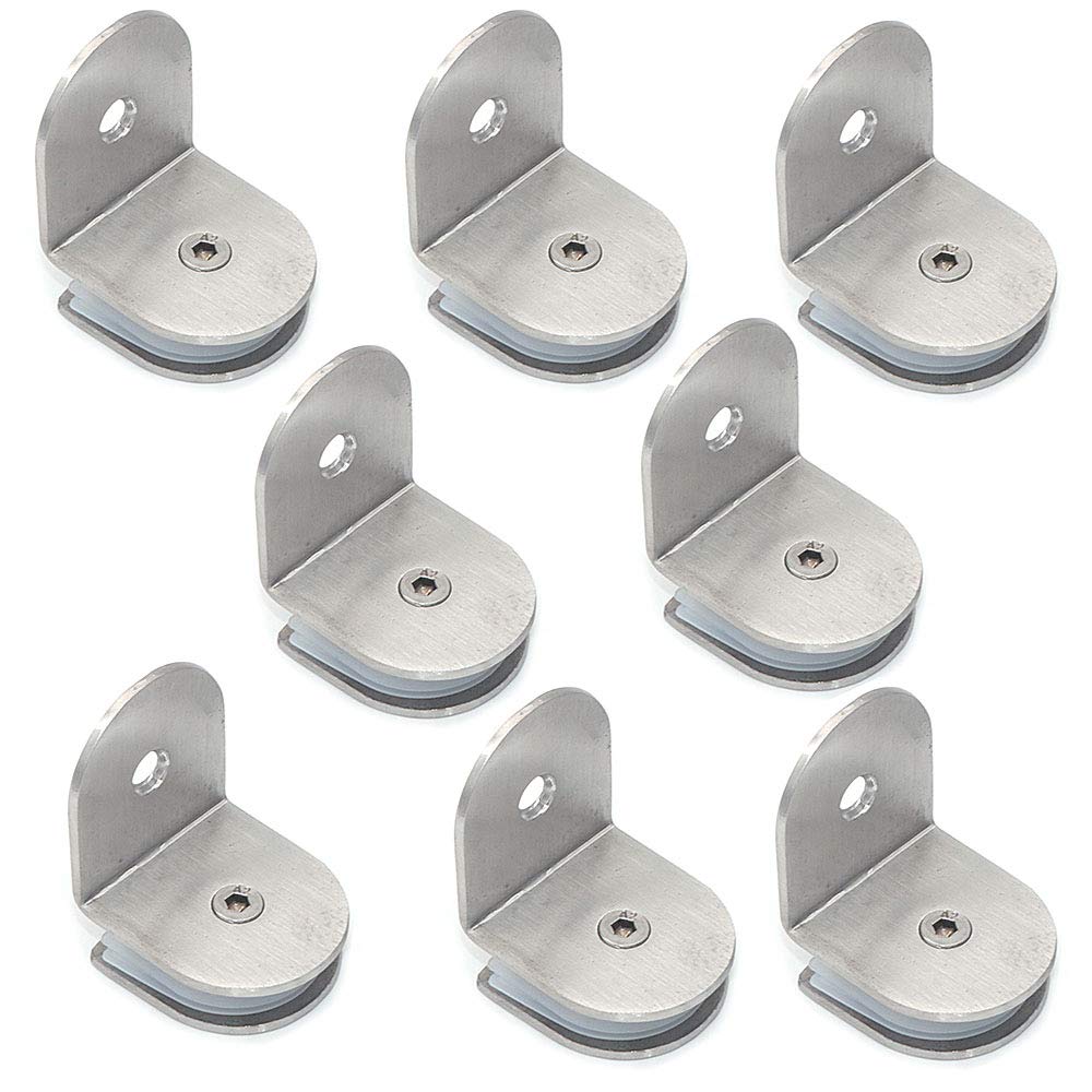Nuzamas Silver Set Of 8 Stainless Steel 90 Degree Glass Clamp Brackets, Wall Mounted, 8-12Mm Thickness Glass Panel, Brushed Finish