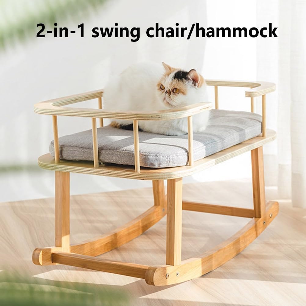 review Wooden pet cat Hammock with mat, 2-in-1 Multifunctional pet cat Dog Swing Chair and Bed, Indoor pet Furniture,