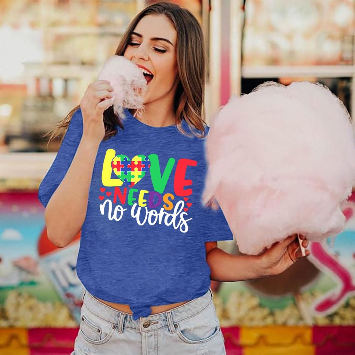 Autism Awareness Shirt for Women:Love Needs No Words Shirt Blue Autism Acceptance T Shirt Love Heart Inspirational Tee - Image 5