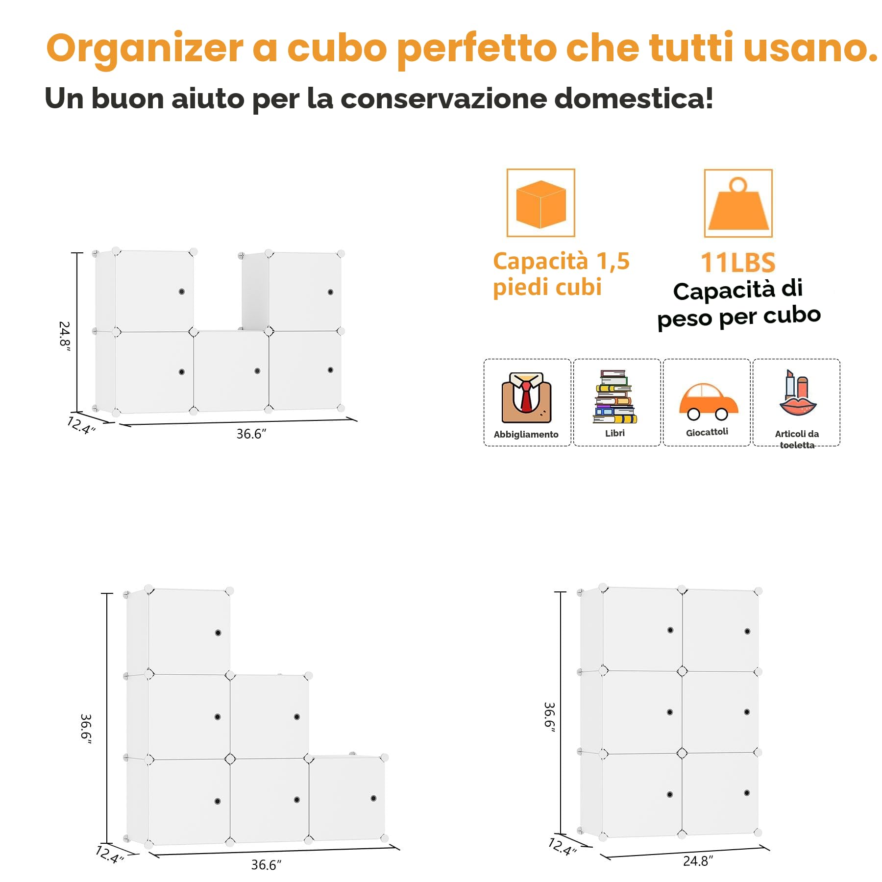 C&AHOME Organizzatore di contenitori a cubo con ante, ripiani a 6 cubi, armadio, libreria modulare in plastica fai-da-te ideale per camera da letto, soggiorno, 36,6"L x 12,4"L x 36,6" H Milky -DOOR