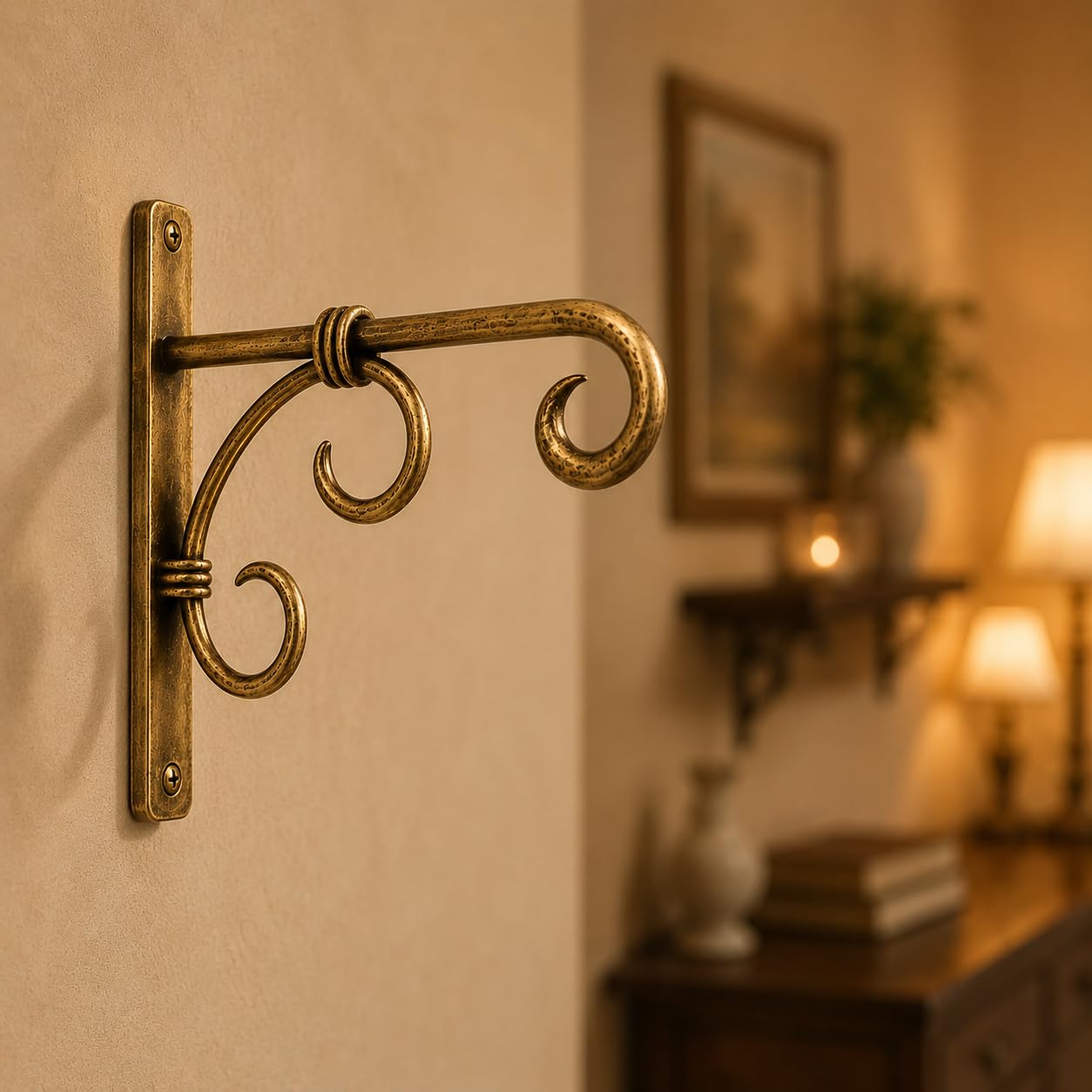 pranjals house Metal Wall Hanger Bracket, Antique Golden, 18x18 cm | Scroll Design, Screws & Plugs Included, Multi-Purpose Use, Wall Mount, Indoor & Outdoor-image-16