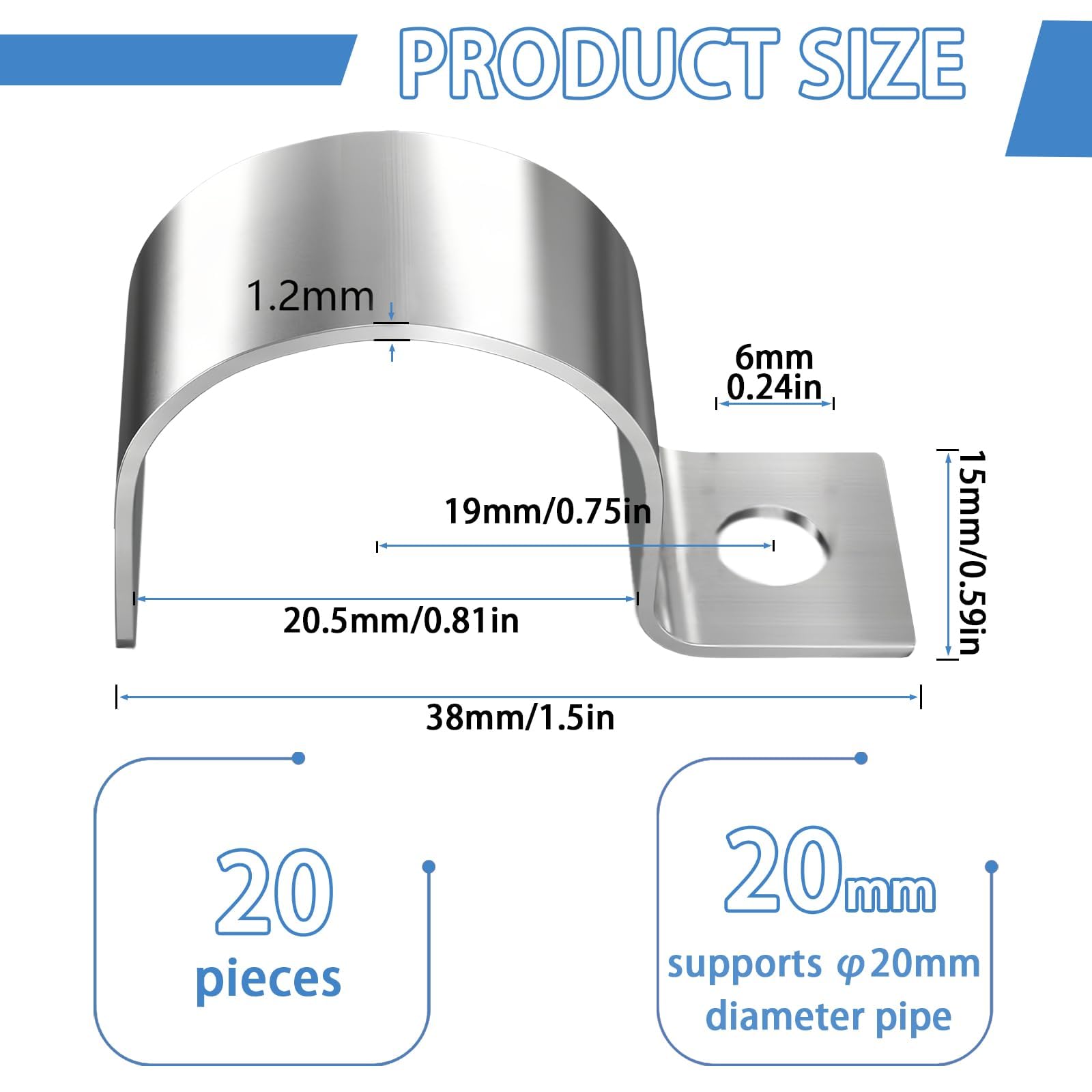 20 Piezas Grapas para Cables 20MM Pared Acero Inoxidable 304 Espesado Sujeta Cables Pared Abrazaderas Metalicas para Orificio Unico en Forma de U para Fijar, Alambres y Tubos