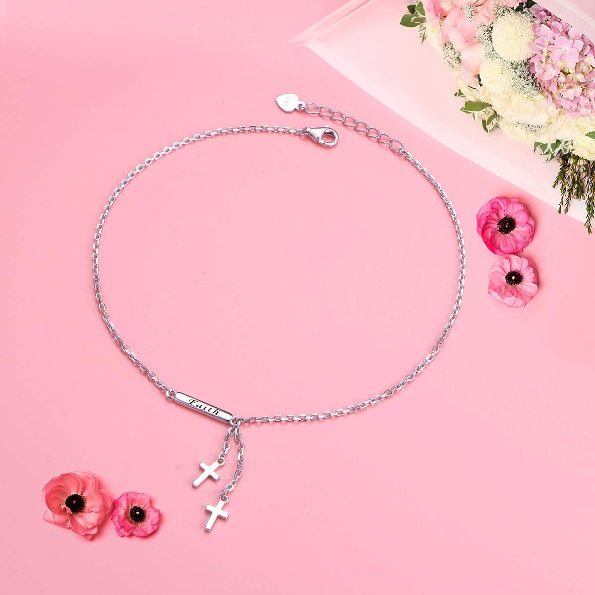 Sterling Silver Anklets Dainty Boho Beach Cute Foot Ankle Bracelet Adjustable Bead Heart Anklet for Women Girlfriend