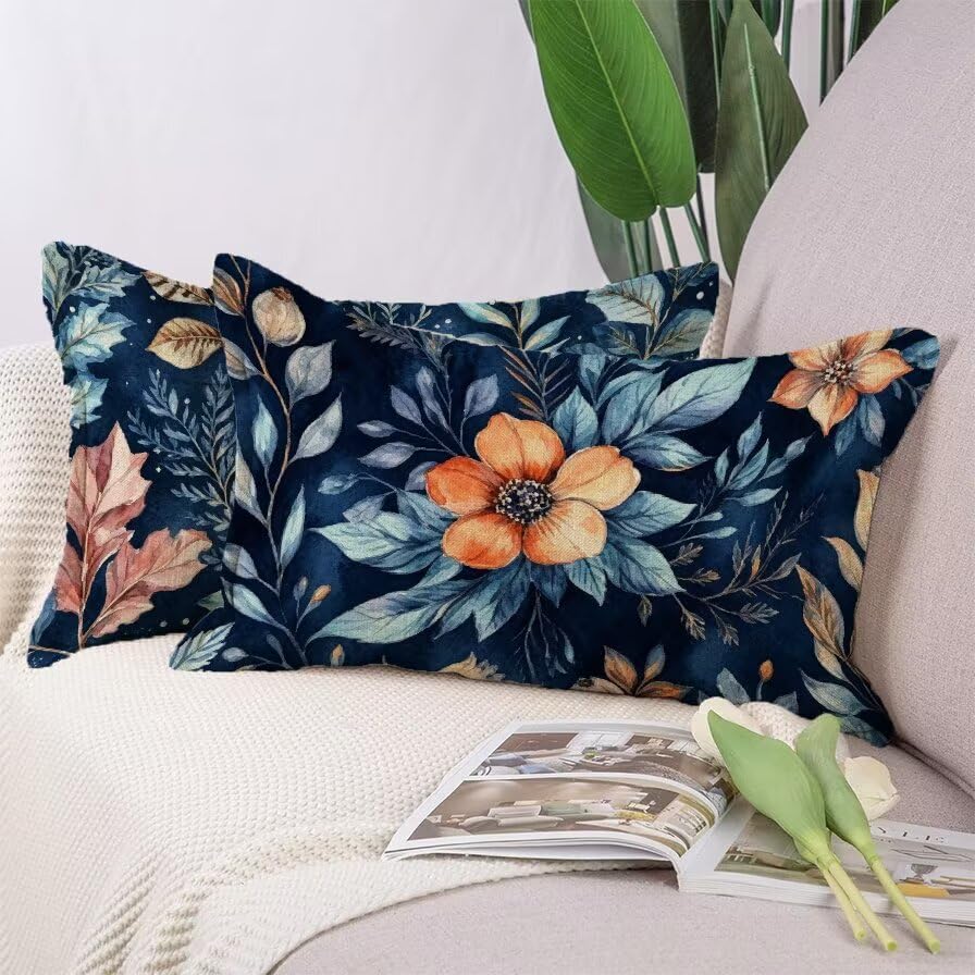 Housse coussin fleur lin haut de gamme bleu 60x40 cm imperméable patio