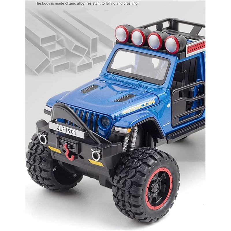 Image of Kids Model 1:32 Rubicon Die Cast Metal Car Pull Back Action Opening Doors with Realistic Engine Sound Lights Toy Car Gift for Boys - Blue