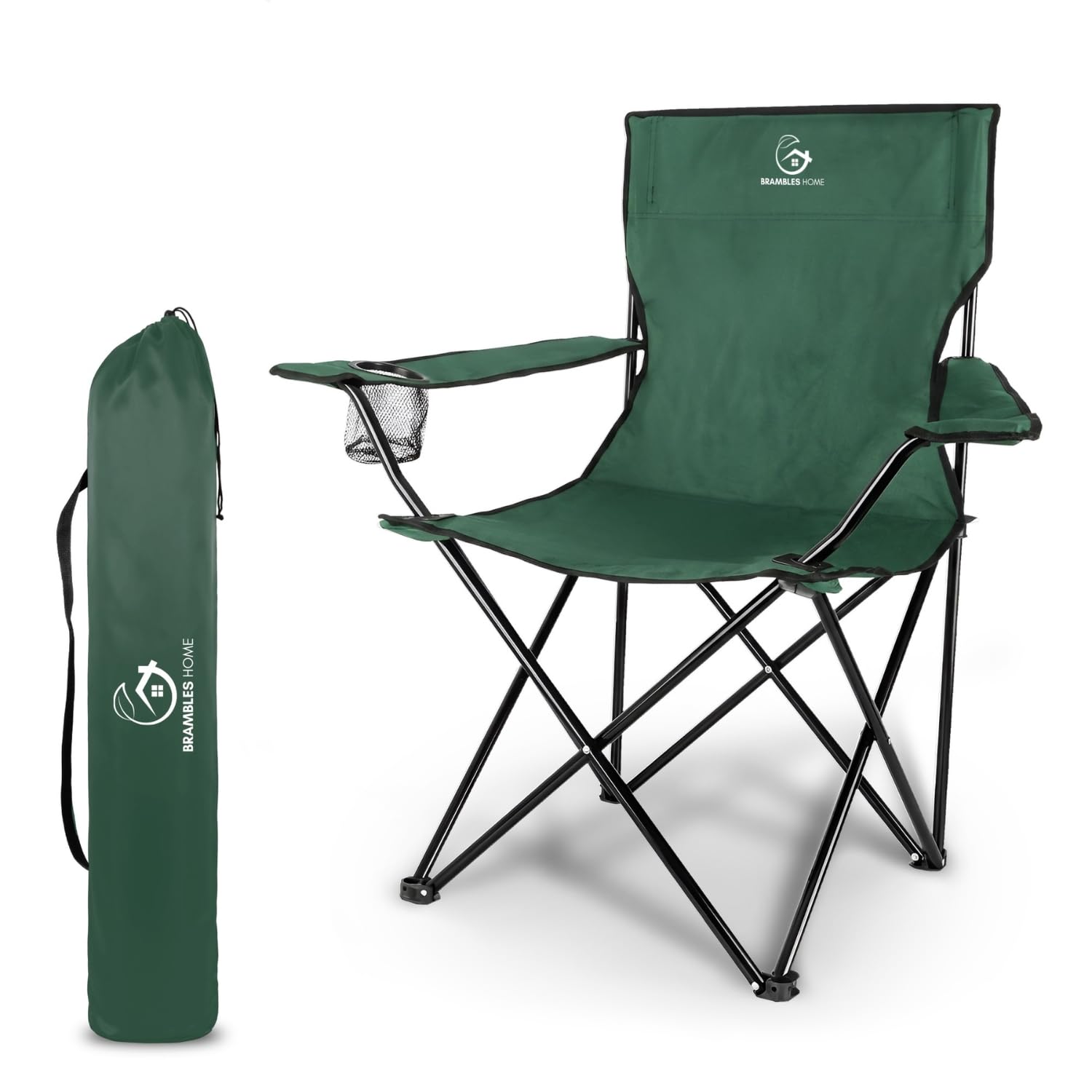 Brambles home Foldable Camping Chair Green Outdoor Fishing Picnic Festival Chair Portable Lightweight Folding Chair with Carry Bag Garden Beach Camping Seat - 92D x 52W x 90H cm