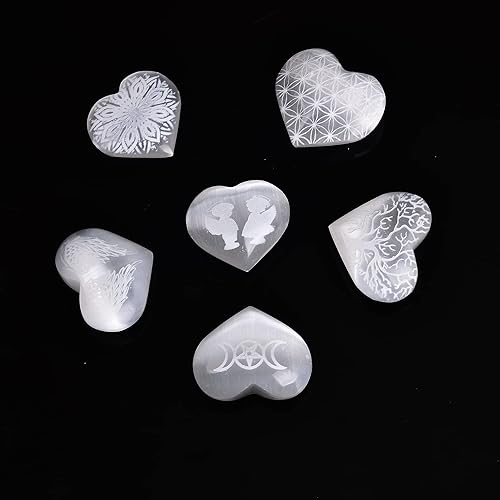 JIC Gem Juego mixto de 6 piedras de selenita blanca marroquí, grabadas en forma de corazón, piedra curativa, decoración del hogar, Energy Reiki