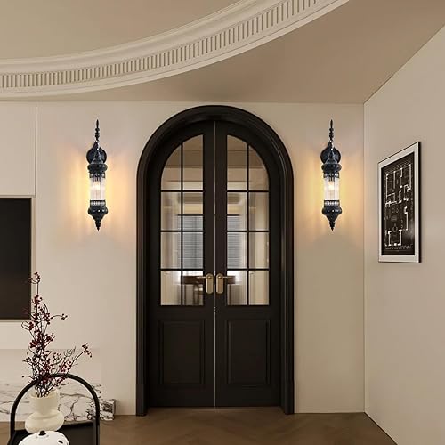 Miniatura 8 de Lámpara de pared estilo vela vintage negra de 23.33 pulgadas, lámpara de pared gótica para dormitorio, lámpara de pared de vidrio rústico para