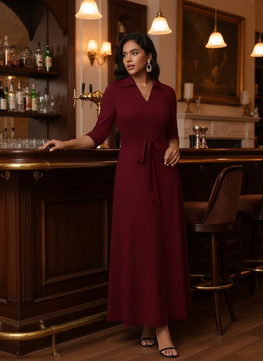 FANDEE Maxi Dresses for Women V Neck Casual A-line Dress 3/4 Sleeve Semi Formal Dress for Women - Image 7