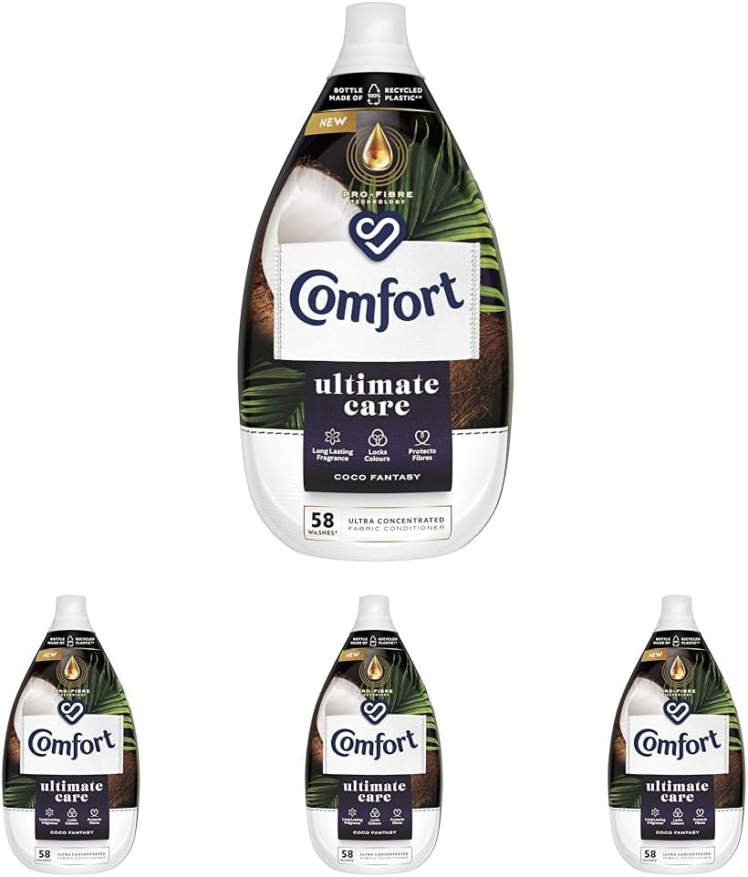 Comfort Ultimate Care Coco Fantasy Ultra-Concentrated Fabric Conditioner bottle made of 100% recycled plastic* for complete clothes protection 58 Wash 870 ml (Pack of 4)