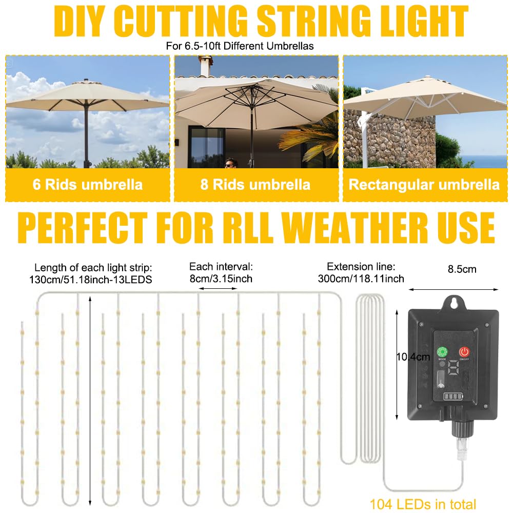 Illuminazione per Ombrellon,Luci Solari per Ombrellone,104 LED,8 Modalità,IP67 Impermeabile,con telecomando,USB,Decorazione Ombrelloni,Giardino,Tenda da Campeggio