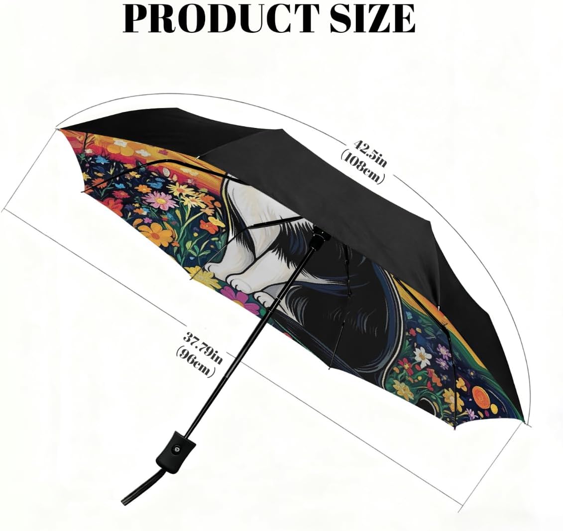 Oli Painting Cat Flowers Folding Umbrella Windproof Compact Lightweight Travel Umbrella with 8 Reinforced Ribs, Portable UV Sun & Rain Protection for Men & Women