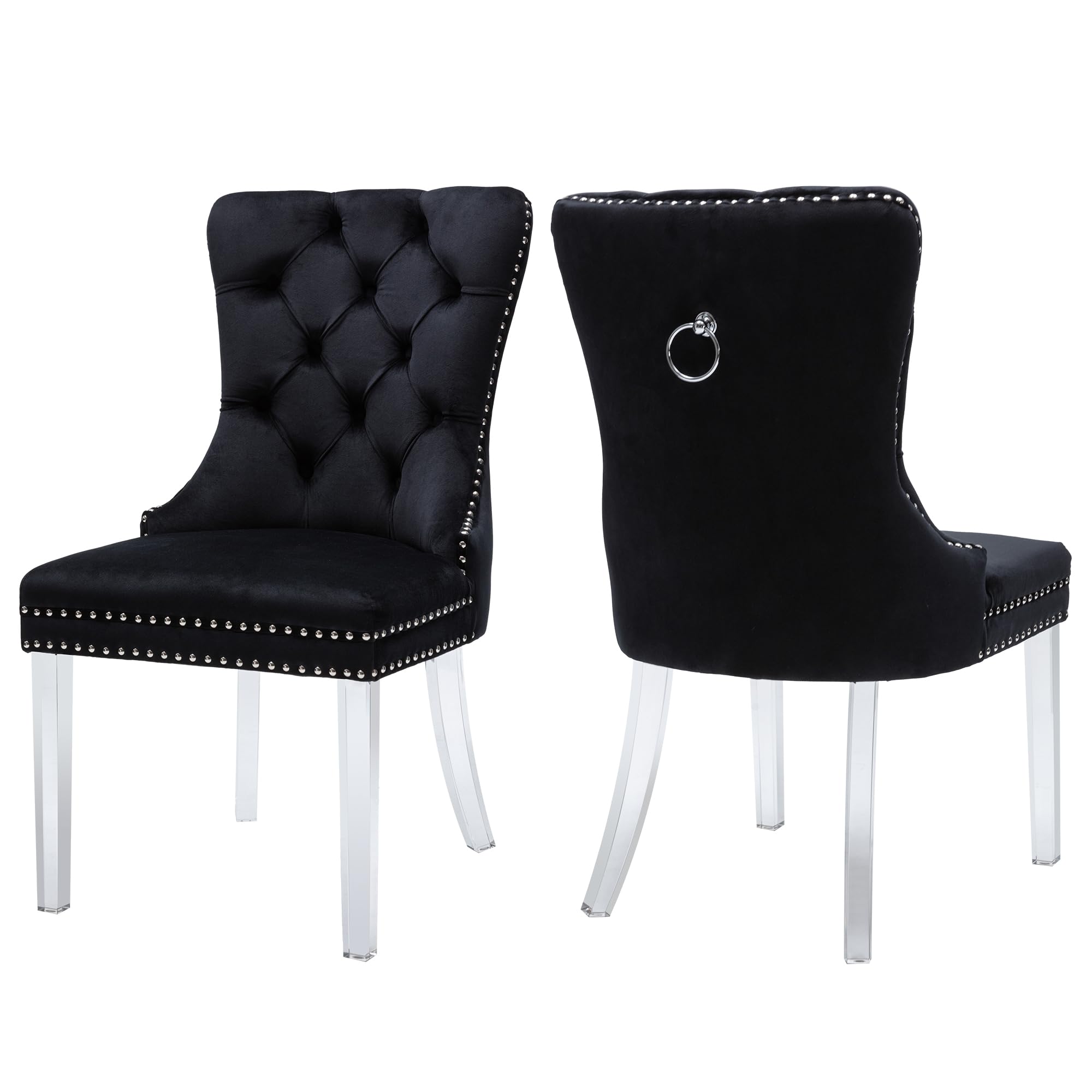 Velvet Dining Chairs Set of 2, Nikki Collection Dining Room Chairs with Acrylic Legs and Pull Ring, Luxury Side Chair with Nailhead Trim and Button Tufted Back, Black