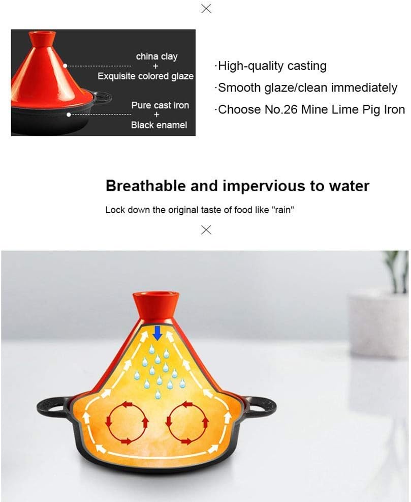 Household Cast Iron Pot Enamel Pot Amphora Pan with Cast Iron Bottom and Stoneware Funnel Lid For All Stove Types, Orange(Orange)