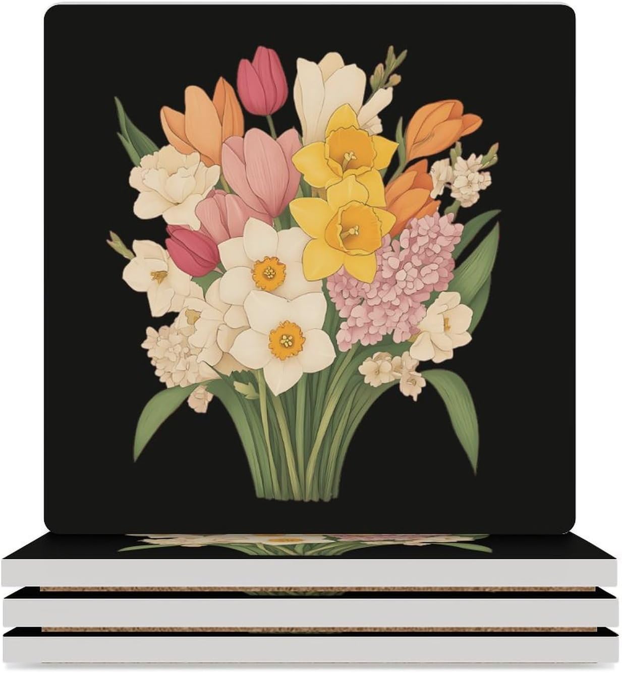 Daffodils Tulips and Hyacinths Flowers Funny Ceramic Coasters for Drinks Absorbent Cup Holder Tabletop Protector with Cork Base