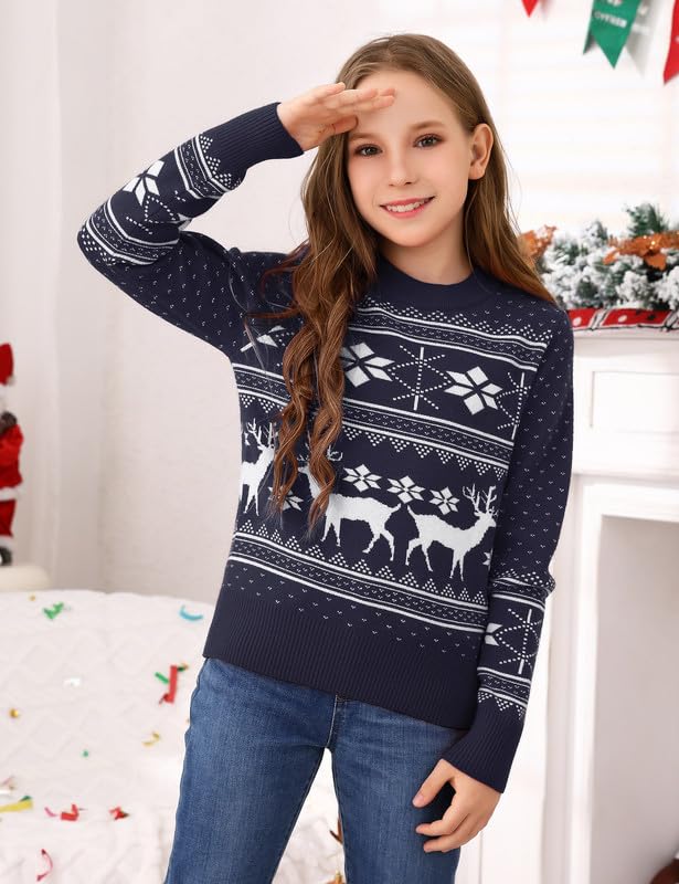 Family Matching Christmas Sweater Reindeer Snowflakes Knitted Ugly Crew Neck Pullover for Women/Men/Kids2