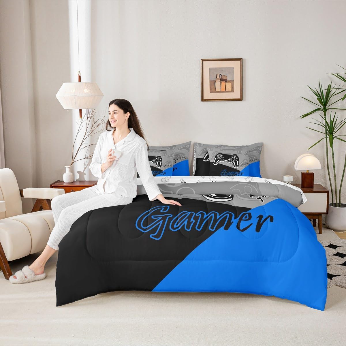 Feelyou Gaming Bed in a Bag for Boys Teen Video Game 7 Piece Bedding Set Full Size for Kids Gamer Comforter Set with Sheets for All Season Gamepad Home Decor Bed Set Blue Black Grey