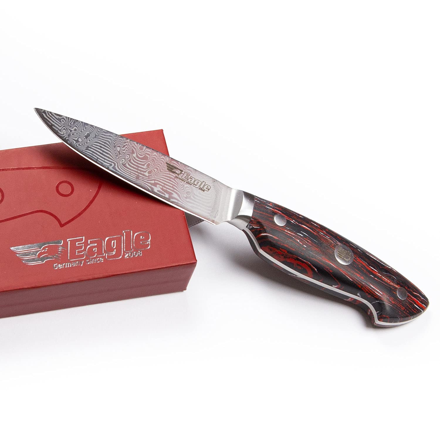 Eagle U-Grip - Officemesser 10 cm - Voll-Damaststahl 108 Lagen/Heftschalen: G10 schwarz-rot-weiß