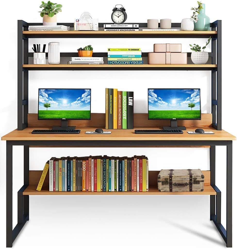 Lovinouse 2 in 1 55 Inch Computer Desk with Hutch, Modern Sturdy Writing Table with Storage Shelf, PC Table Workstation for Home Office, School