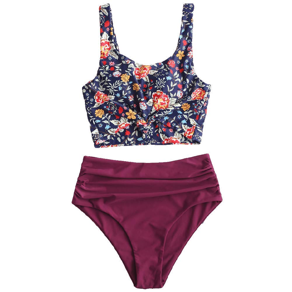 ZAFULWomen's Knot Scoop Neck Bikini Set Ruched High Waisted Two Piece Swimsuits Tankini…