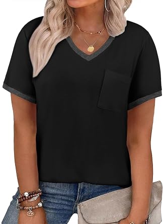 Eytino Women Plus Size Tops V Neck Short Sleeve Striped Casual Loose Blouse Shirts with Pocket1X-5X