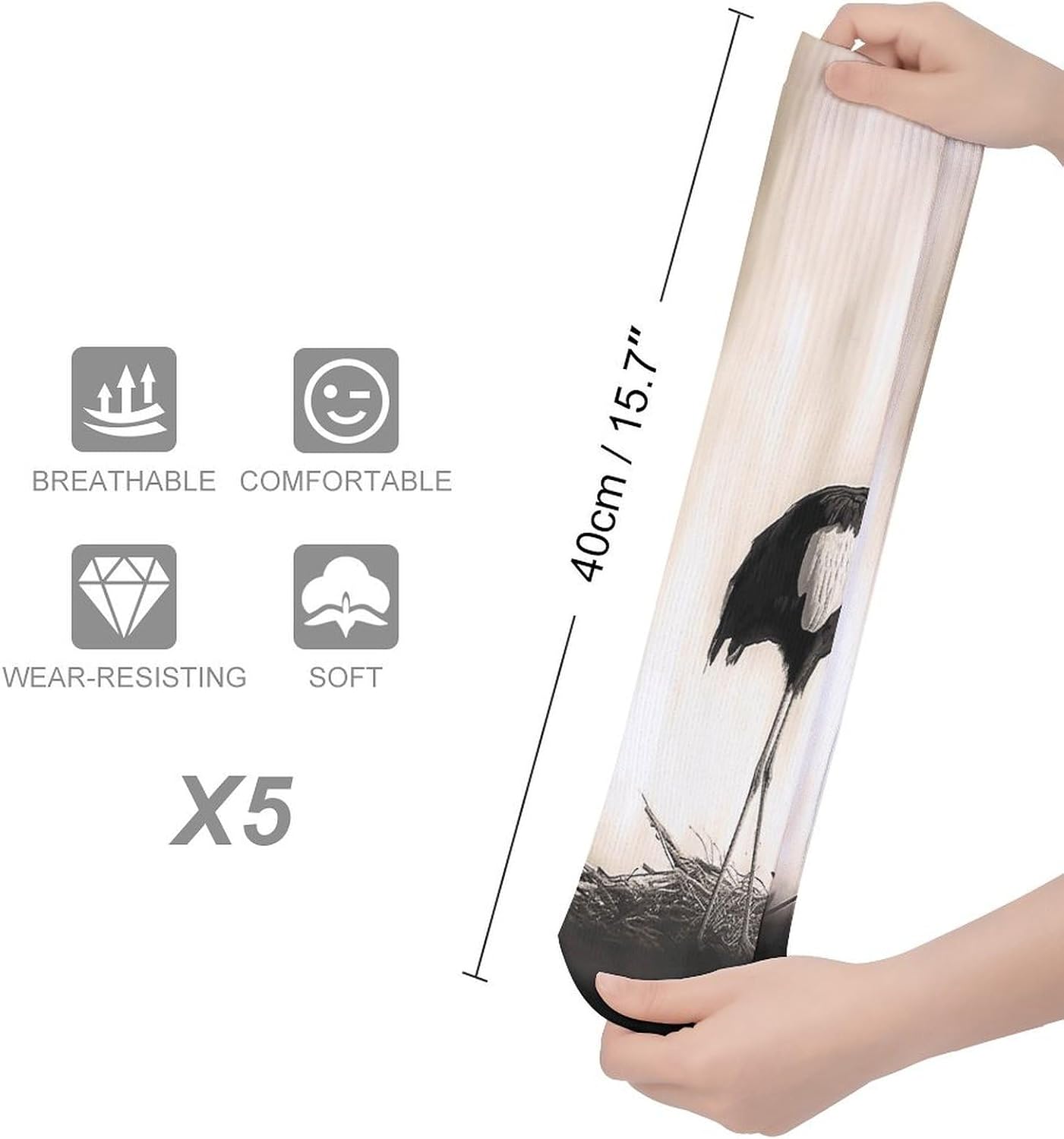 Black Stork Knee High Socks Cozy Knee High Socks Soft Mid-Length Sock for All Seasons Daily Wear Adult