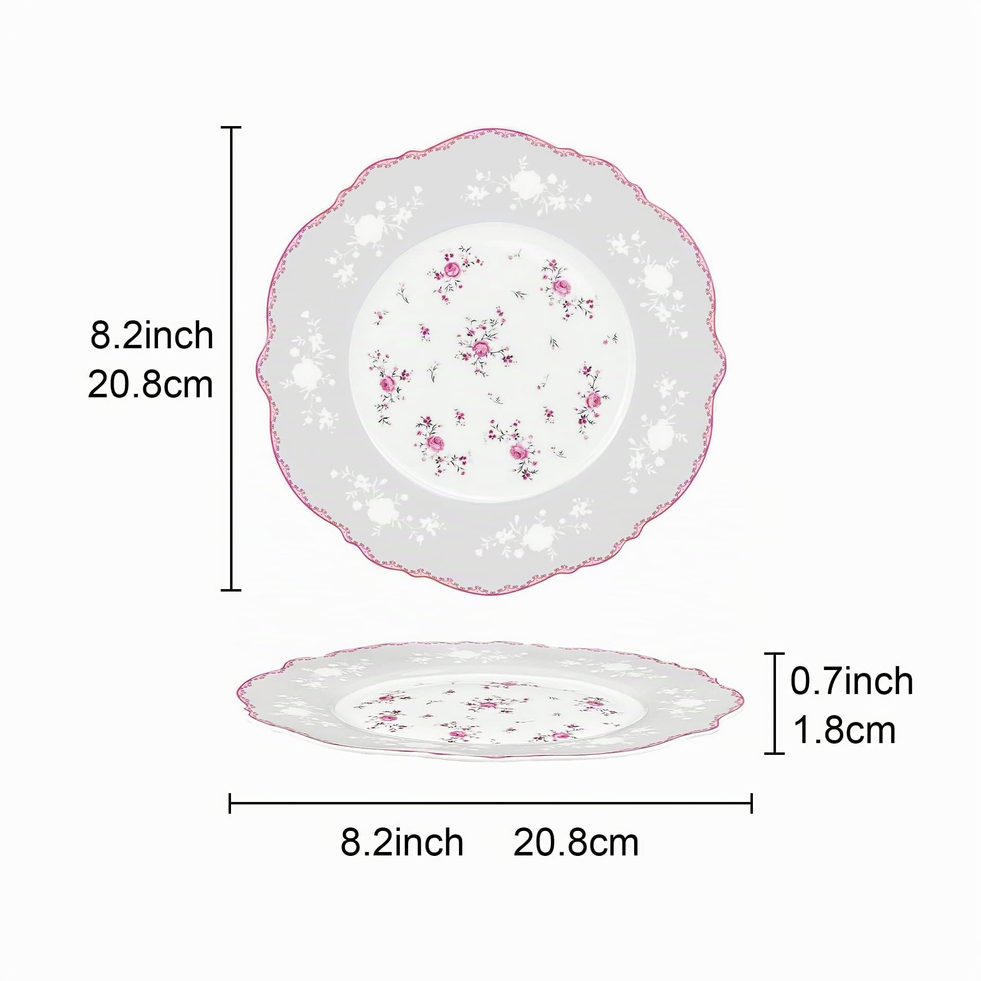 fanquare 4 Stück Dessertteller aus Porzellan Set Ø 208 mm Frühstücksteller mit Goldrand, Rosa Blumen Tafelservice für Weihnachten Geschenk und Haushalt