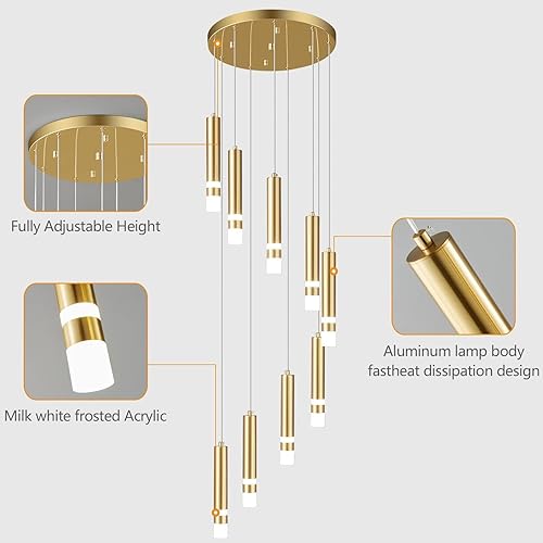 Miniatura 6 de Lámpara colgante moderna de 9 luces, regulable, LED, 54 W, escalera dorada, gran vestíbulo, sala de estar, dormitorio, vestíbulo, techo alto