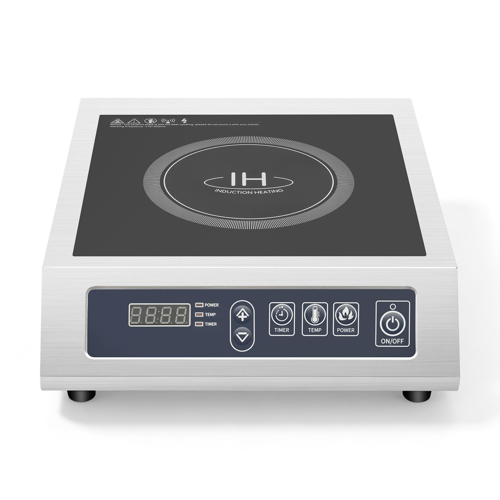 Plaque de cuisson à induction commerciale 3500 W en acier inoxydable/vitrocéramique avec 10 niveaux et réglage du temps de chauffage 24 h, plaque de cuisson à induction professionnelle pour