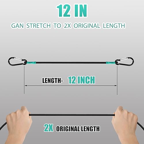 Miniatura 2 de Cuerda elástica pequeña con ganchos de 12 pulgadas, color negro, resistente, estilo mosquetón, 4 piezas, cable de 516 pulgadas de diámetro con fibra