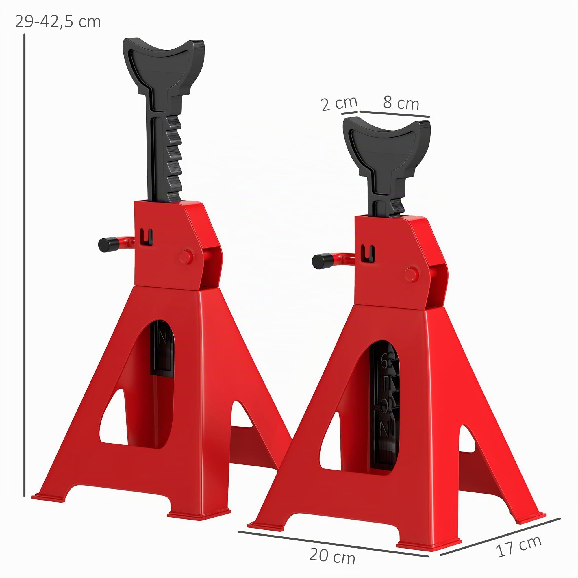 HOMCOM Lot de 2 chandelles Voiture chandelles de Levage capacité 3 tonnes, Hauteur réglable de 290 à 425 mm, Grande Base avec goupille de sécurité, pour véhicule, Caravane, Atelier, Garage, Rouge