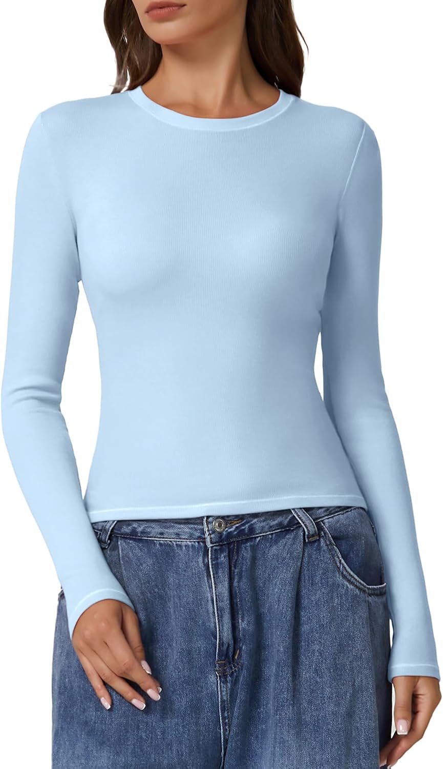 QINSEN Long Sleeve Shirts for Women Crewneck Rib Knit Slim Fit Going Out Tops Casual Basic Tee