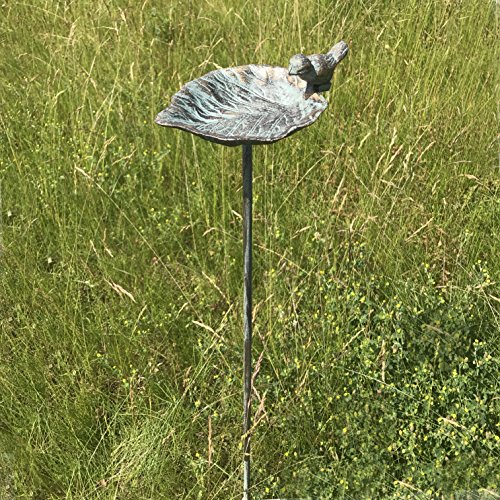Whw Whole House Worlds Country-Style, Leaf With Bird, Garden Stake Bird Bath, Cast Iron, Rustic Green Patina, 3 Feet 2.5 Inches Tall #TOP3
