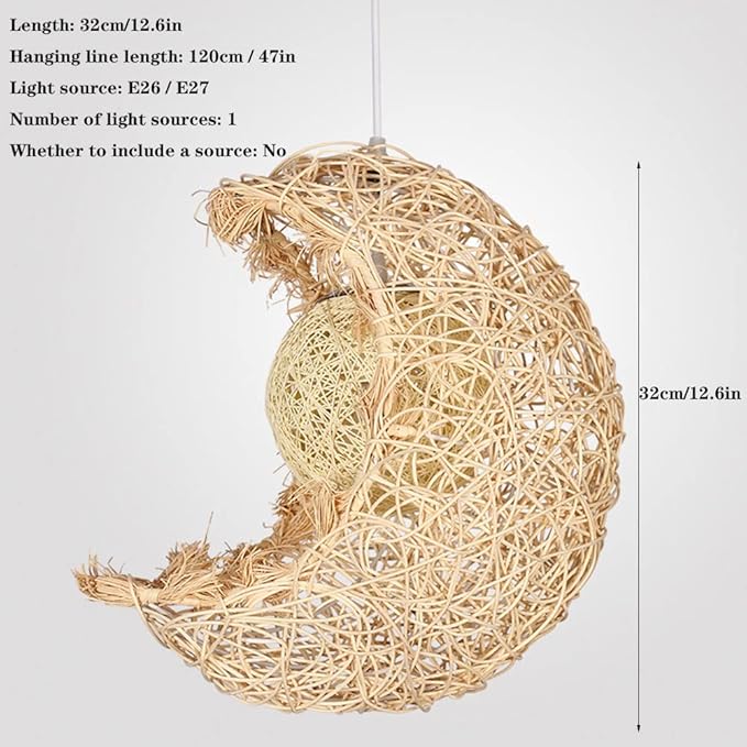 APLIK APLIK Handgemaakte Maanvorm Rotan Kunst Kroonluchter 1 Pak Rieten Rotan Mand Restaurant Hanglamp Hangende Beige Plafondlamp In Retrostijl voor Boerderij, Keuken, Slaapkamer photo 2