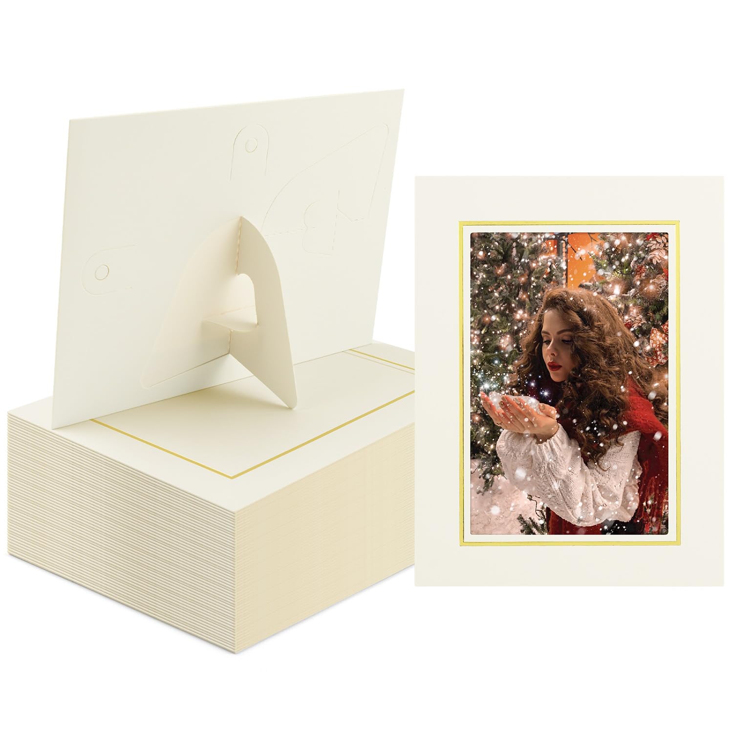 Golden State Art, Paquete de 50 marcos de fotos de cartón de 4 x 6 pulgadas, marco de fotos de papel con caballete para bricolaje, graduaciones, bodas, blanco con forro dorado