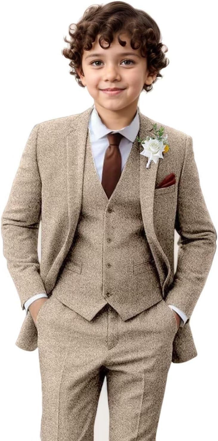 Boy Suit Tweed 3 Pieces Herringbone Slim Fit Formal Stylish Vest Tuxedo Pants Wedding Homecoming Dress wear Set