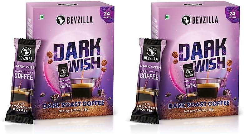 Bevzilla 24 Black Roast Coffee Sachets - 48 Grams(Dark Wish Coffee) | Black Roast Rich & Dark Instant Coffee Powder | Strongest Coffee| Dark Roast Arabica Coffee | Bold & Intense| Makes 24 Cups
