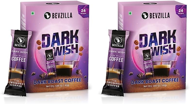 Bevzilla 24 Black Roast Coffee Sachets - 48 Grams(Dark Wish Coffee) | Black Roast Rich & Dark Instant Coffee Powder | Strongest Coffee| Dark Roast Arabica Coffee | Bold & Intense| Makes 24 Cups