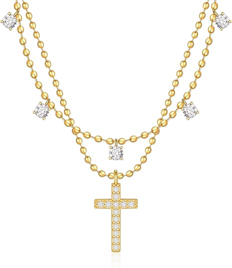 Rotnso Cross Necklace for Women 14K Gold Silver Plated Dainty Small Cross Pendant Choker Simple Trendy Cute Cross Charm Chain Necklace Easter Basket Stuffers Baptism Religious Faith Jewelry Gift