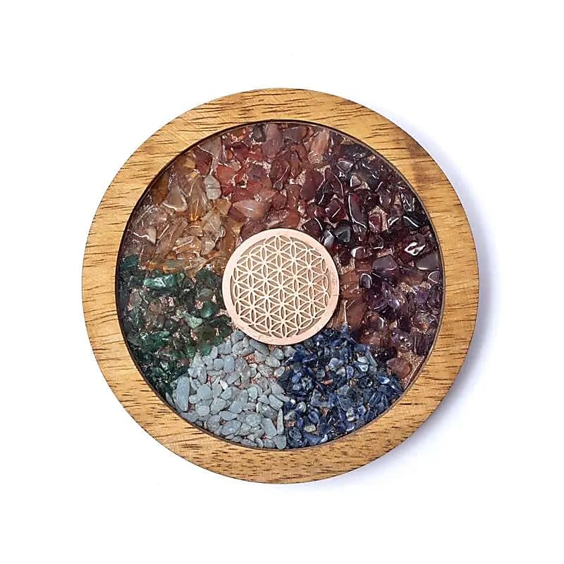 XdeliX Chakra Untersetzer Blume des Lebens 10 cm 7 Edelsteine Mangoholz