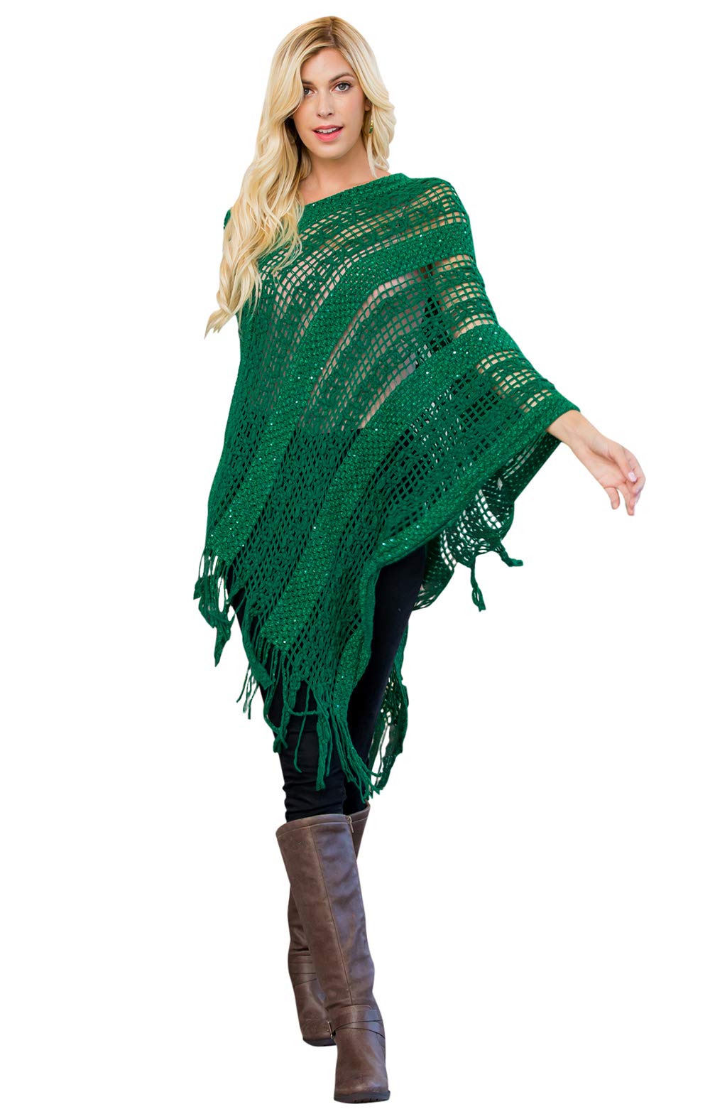 RIAH FASHION Bohemian Sequin Glitter Shawl Wrap Poncho - Kimono Cardigan, Sparkly Metallic Mesh Scarf, Open Knit Crochet
