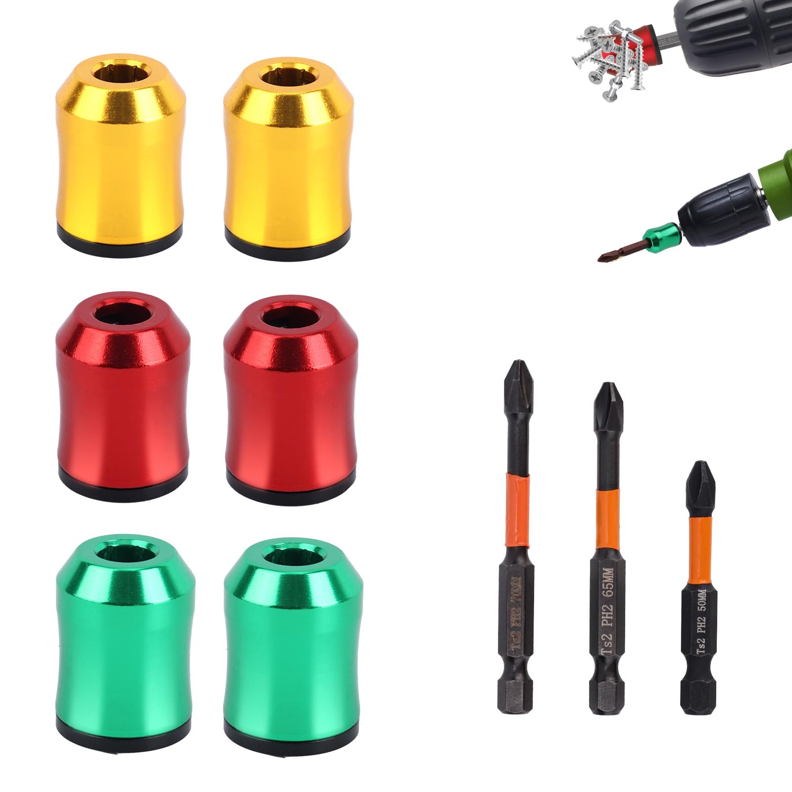 Goktvai 6pcs Magnetic Screw Holder Rings & 3pcs Screwdriver Bits, Screwdriver Head Strong Magnetic Screw Rings Removable Household Tool for Power Drill Hex Screwdrivers & DIY Tools