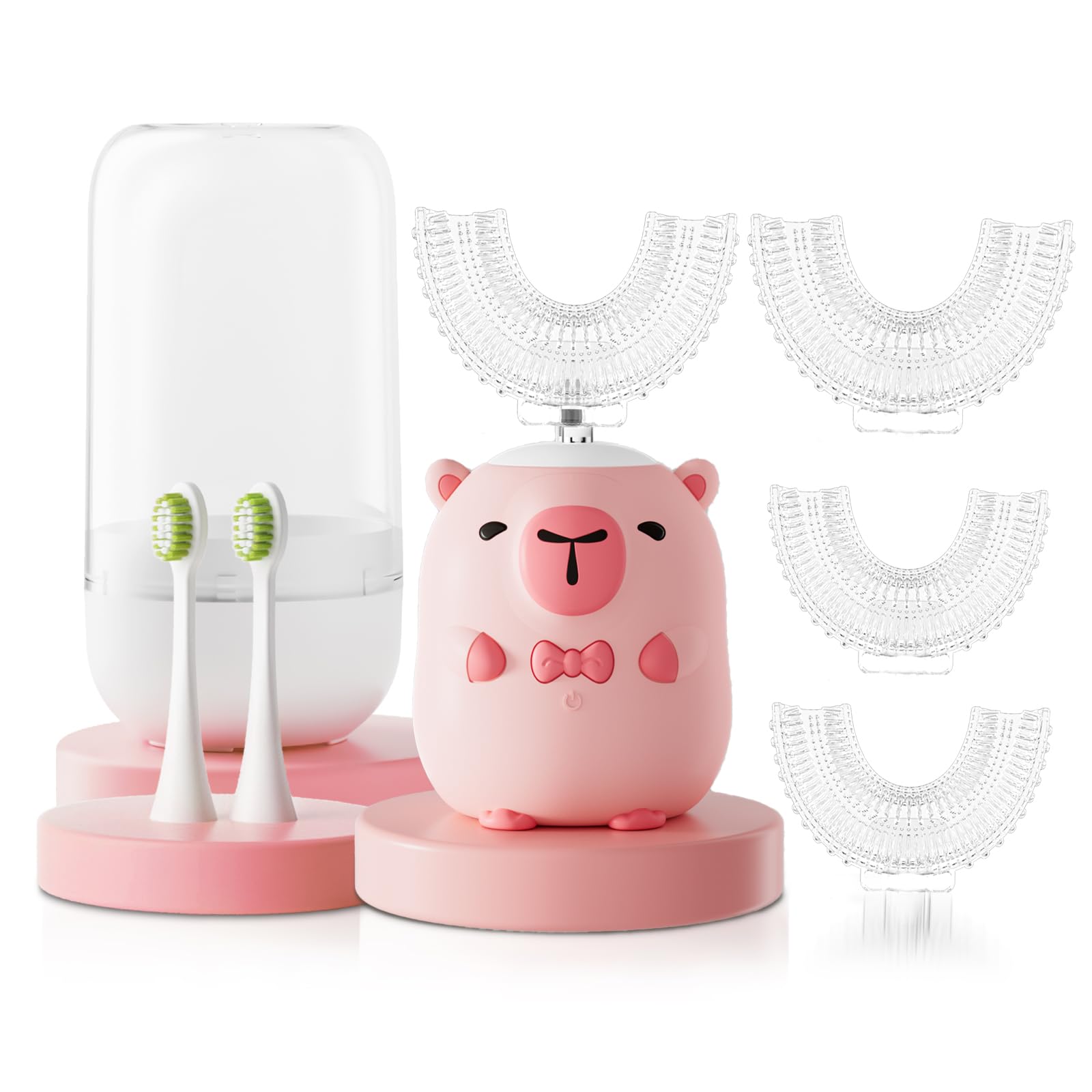 Spazzolino elettrico per bambini a forma di U - Cartoon Capybara con 6 testine | Spazzolino da denti automatico per bambini con grado di pulizia completa della bocca con IPX7 impermeabile (rosa, 2-14 anni)